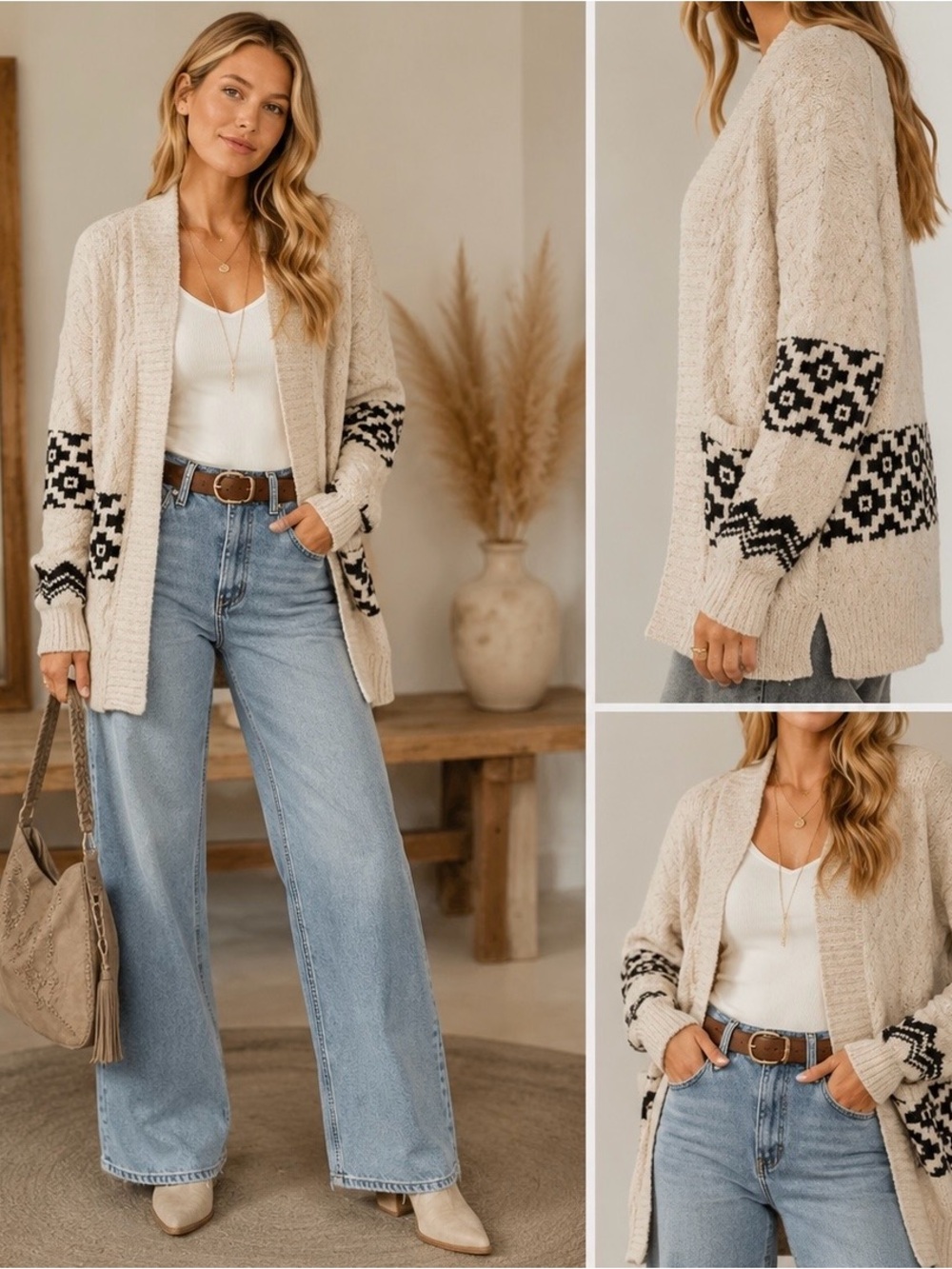 Out West Boho Western Cardigan Cable Knit Tribal Neutral - NWT -Large